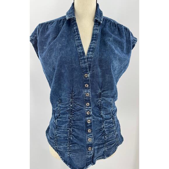 Anthropology Pilcro Blue Denim Top Ruched Chambray Cap Sleeve Shirt Medium M - Picture 1 of 5
